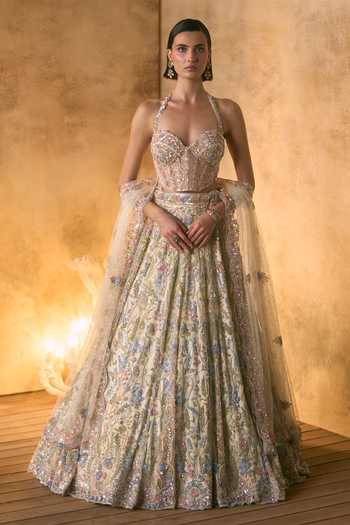 Buy_Angad Singh_Ivory Net Sequins, Beads, Celestia Botanical Embroidered Corset Lehenga Set _at_Aza_Fashions