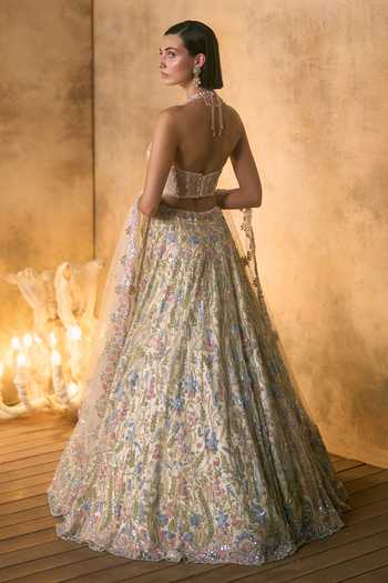 Angad Singh_Ivory Net Sequins, Beads, Celestia Botanical Embroidered Corset Lehenga Set _Online_at_Aza_Fashions