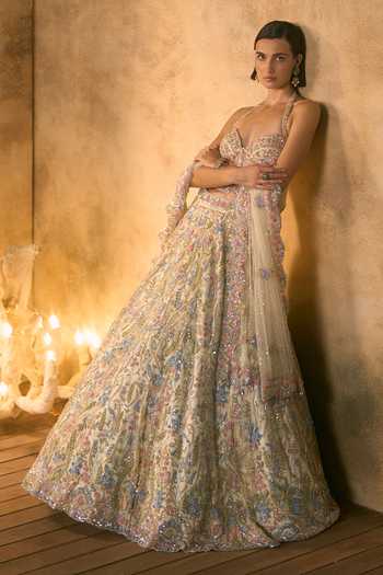 Shop_Angad Singh_Ivory Net Sequins, Beads, Celestia Botanical Embroidered Corset Lehenga Set 