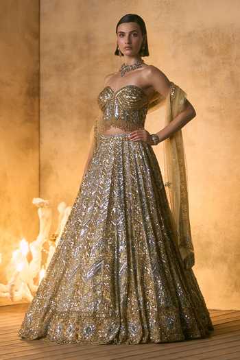 Angad Singh_Gold Net Sequins, Beads, Zari, Crystals, Aurelia Embroidered Corset Lehenga Set _at_Aza_Fashions