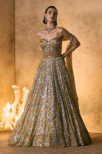 Angad Singh_Gold Net Sequins, Beads, Zari, Crystals, Aurelia Embroidered Corset Lehenga Set _Online