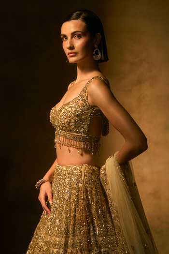 Buy_Angad Singh_Gold Net Leaf Neck Meridian Floral Embroidered Lehenga Set _Online_at_Aza_Fashions