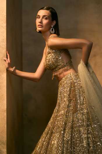 Shop_Angad Singh_Gold Net Leaf Neck Meridian Floral Embroidered Lehenga Set _Online_at_Aza_Fashions