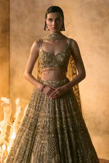 Buy_Angad Singh_Gold Net Leaf Neck Meridian Floral Embroidered Lehenga Set 