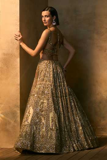Angad Singh_Gold Net Leaf Neck Meridian Floral Embroidered Lehenga Set _Online_at_Aza_Fashions