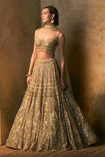 Shop_Angad Singh_Gold Net Leaf Neck Meridian Floral Embroidered Lehenga Set 