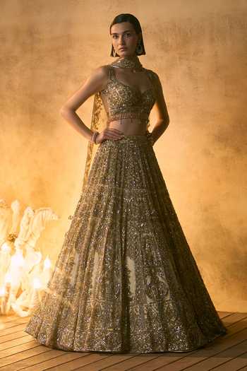 Angad Singh_Gold Net Leaf Neck Meridian Floral Embroidered Lehenga Set _Online