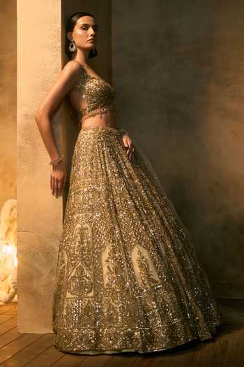 Buy_Angad Singh_Gold Net Leaf Neck Meridian Floral Embroidered Lehenga Set _Online