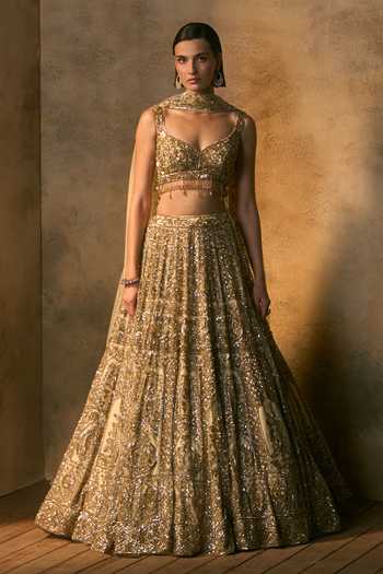 Shop_Angad Singh_Gold Net Leaf Neck Meridian Floral Embroidered Lehenga Set _Online