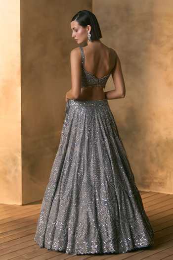 Angad Singh_Grey Tissue Square Neck Estelle Embroidered Lehenga Set _Online_at_Aza_Fashions