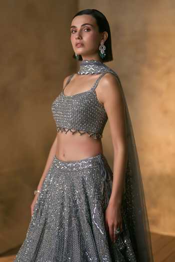 Shop_Angad Singh_Grey Tissue Square Neck Estelle Embroidered Lehenga Set 