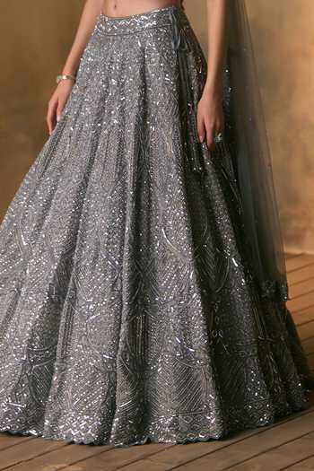 Angad Singh_Grey Tissue Square Neck Estelle Embroidered Lehenga Set _Online