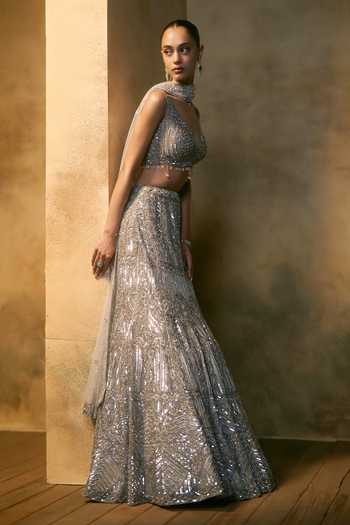 Angad Singh_Grey Net V-, Choker Argenta Crystal Embroidered Blouse Lehenga Set _at_Aza_Fashions