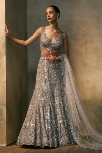 Shop_Angad Singh_Grey Net V-, Choker Argenta Crystal Embroidered Blouse Lehenga Set 