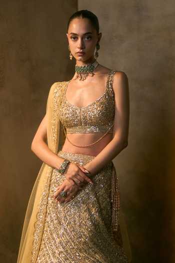 Buy_Angad Singh_Gold Net Scoop Neck Soleil Tonal Sequin Embroidered Fishcut Lehenga Set _Online_at_Aza_Fashions