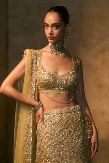 Shop_Angad Singh_Gold Net Scoop Neck Soleil Tonal Sequin Embroidered Fishcut Lehenga Set _Online_at_Aza_Fashions