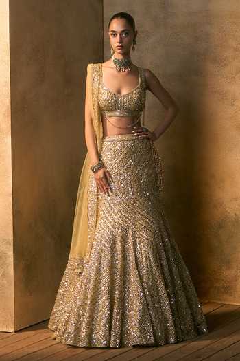 Buy_Angad Singh_Gold Net Scoop Neck Soleil Tonal Sequin Embroidered Fishcut Lehenga Set _at_Aza_Fashions