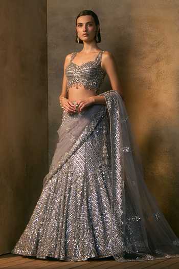 Shop_Angad Singh_Grey Net Sweetheart Neck Brume Crystal Embroidered Fishcut Lehenga Set 