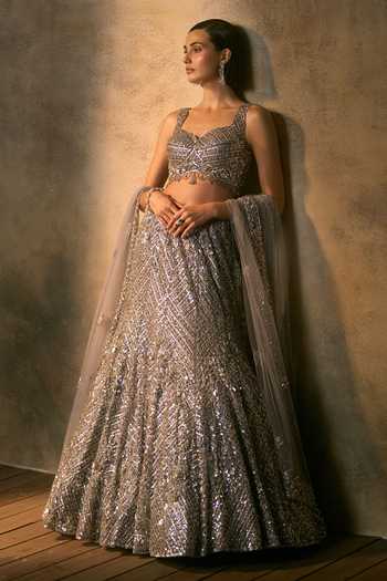 Buy_Angad Singh_Grey Net Sweetheart Neck Brume Crystal Embroidered Fishcut Lehenga Set _at_Aza_Fashions