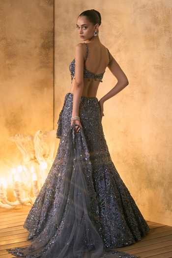 Angad Singh_Grey Net Sweetheart Neck Cendre Bugle Bead Embroidered Fishcut Lehenga Set _Online_at_Aza_Fashions