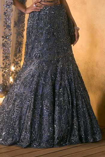 Angad Singh_Grey Net Sweetheart Neck Cendre Bugle Bead Embroidered Fishcut Lehenga Set _at_Aza_Fashions