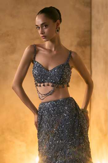 Buy_Angad Singh_Grey Net Sweetheart Neck Cendre Bugle Bead Embroidered Fishcut Lehenga Set 