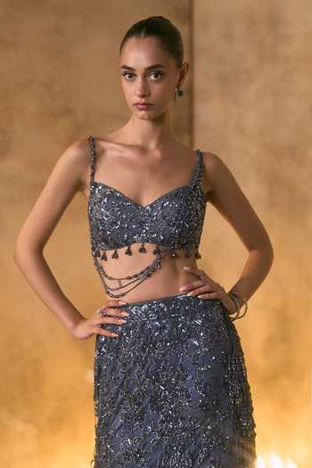 Angad Singh_Grey Net Sweetheart Neck Cendre Bugle Bead Embroidered Fishcut Lehenga Set _Online