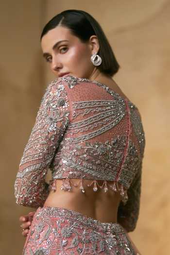 Buy_Angad Singh_Pink Net Boat Neck Rosalind Botanical Embroidered Lehenga Set _Online_at_Aza_Fashions
