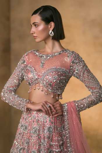 Angad Singh_Pink Net Boat Neck Rosalind Botanical Embroidered Lehenga Set _at_Aza_Fashions