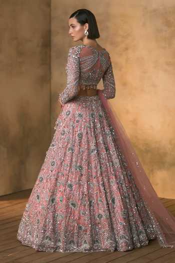 Angad Singh_Pink Net Boat Neck Rosalind Botanical Embroidered Lehenga Set _Online_at_Aza_Fashions