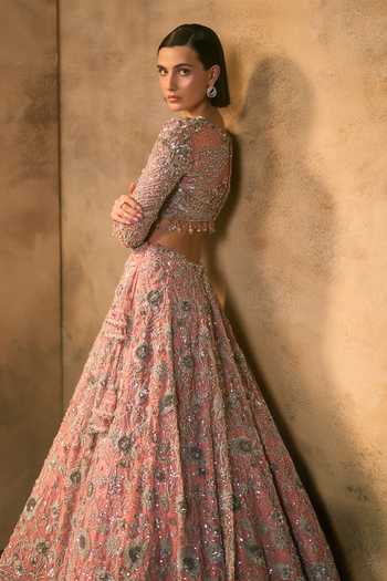 Angad Singh_Pink Net Boat Neck Rosalind Botanical Embroidered Lehenga Set _Online