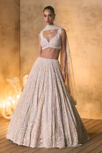Buy_Angad Singh_Gold Net V-neck Vermeil Tonal Crystal Embroidered Lehenga Set _Online