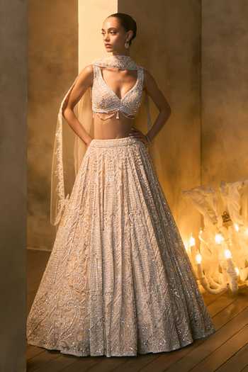 Shop_Angad Singh_Gold Net V-neck Vermeil Tonal Crystal Embroidered Lehenga Set _Online