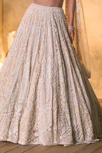 Angad Singh_Gold Net V-neck Vermeil Tonal Crystal Embroidered Lehenga Set 