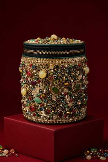 Shop_House Of Kosha_Multi Color Beads, Pearls, Stones, Noorani Leather Embellished Cylinder Mini Bag _at_Aza_Fashions