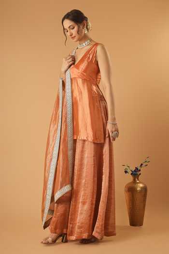Shop_Vinusto_Orange Silk, Chanderi V-neck Zari Embroidered Kurta Sharara Set _Online_at_Aza_Fashions