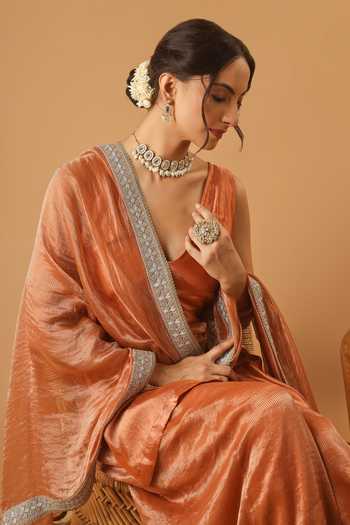 Vinusto_Orange Silk, Chanderi V-neck Zari Embroidered Kurta Sharara Set _at_Aza_Fashions