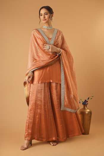 Buy_Vinusto_Orange Silk, Chanderi V-neck Zari Embroidered Kurta Sharara Set 