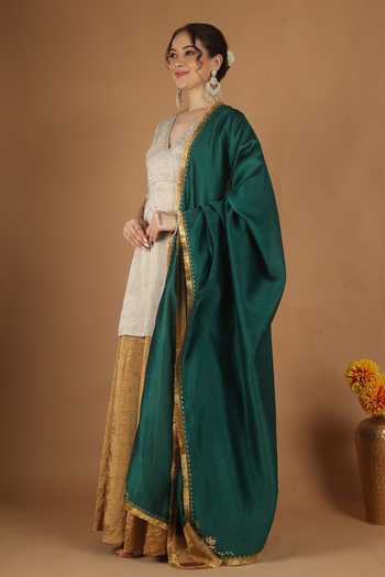 Vinusto_Silver Silk, Chanderi V-neck, Yes Zardozi Embroidered Kurta Sharara Set _Online_at_Aza_Fashions