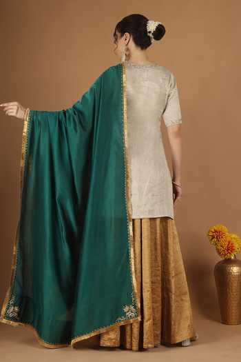 Shop_Vinusto_Silver Silk, Chanderi V-neck, Yes Zardozi Embroidered Kurta Sharara Set _at_Aza_Fashions