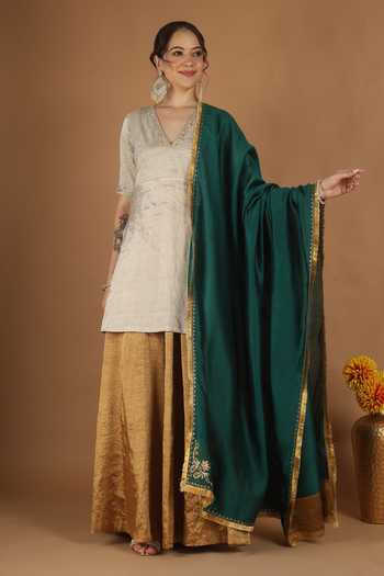 Vinusto_Silver Silk, Chanderi V-neck, Yes Zardozi Embroidered Kurta Sharara Set _at_Aza_Fashions