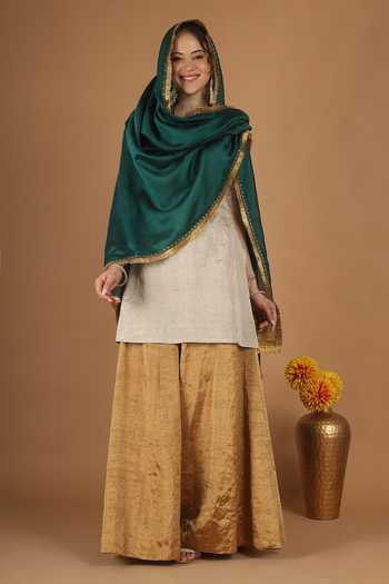 Buy_Vinusto_Silver Silk, Chanderi V-neck, Yes Zardozi Embroidered Kurta Sharara Set 