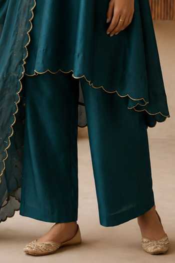 Vinusto_Blue Chanderi, Tissue V-neck, Yes Zardozi Work Kurta Set _Online_at_Aza_Fashions