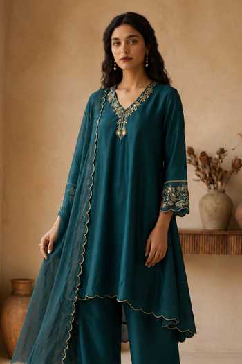 Buy_Vinusto_Blue Chanderi, Tissue V-neck, Yes Zardozi Work Kurta Set _Online_at_Aza_Fashions