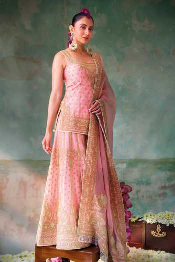 Buy_Sheetal Batra_Pink , Chanderi, Organza Tasnim Embroidered Short Kurta Sharara Set _at_Aza_Fashions