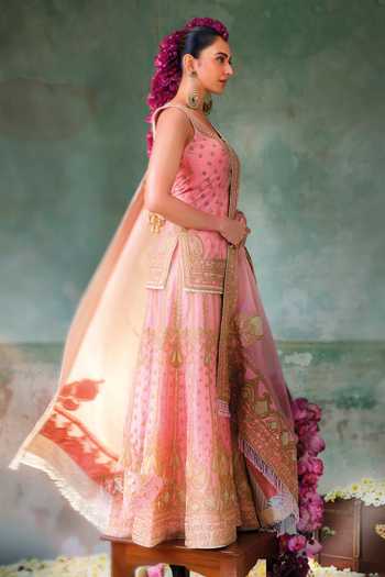 Sheetal Batra_Pink , Chanderi, Organza Tasnim Embroidered Short Kurta Sharara Set _Online