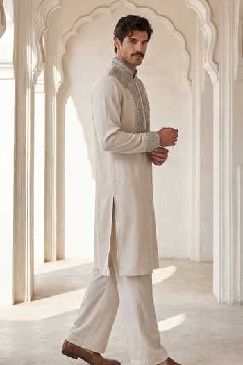 Shop_Amit Arora_Cream Knit Placket Embroidered Kurta Set _at_Aza_Fashions