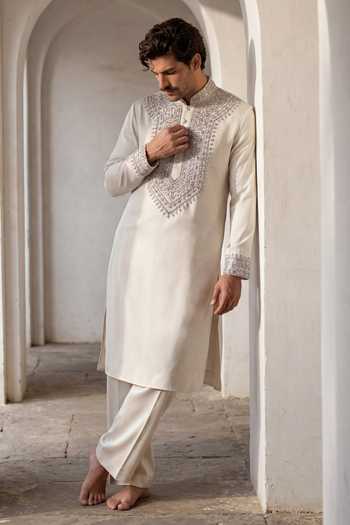 Buy_Amit Arora_Cream Knit Placket Embroidered Kurta Set _at_Aza_Fashions