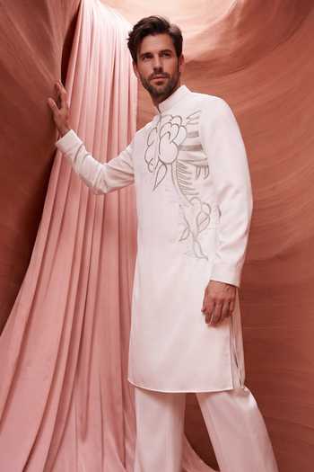 Shop_Amit Arora_Cream Knit Thread Embroidered Kurta And Palazzo Set _at_Aza_Fashions
