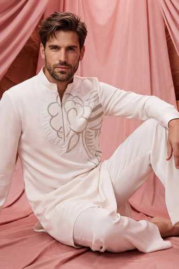 Shop_Amit Arora_Cream Knit Thread Embroidered Kurta And Palazzo Set _Online_at_Aza_Fashions